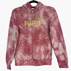 Puma Hoodie Womens XS Pink Acid Wash Gold Logo Heart Graphic Pullover